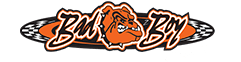 Orange, white, and black Bad Boy Mower logo